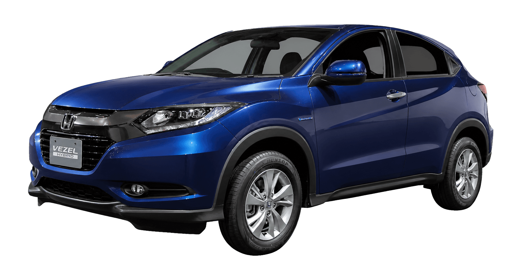 Blue Honda Vezel Hybrid, front three-quarter view